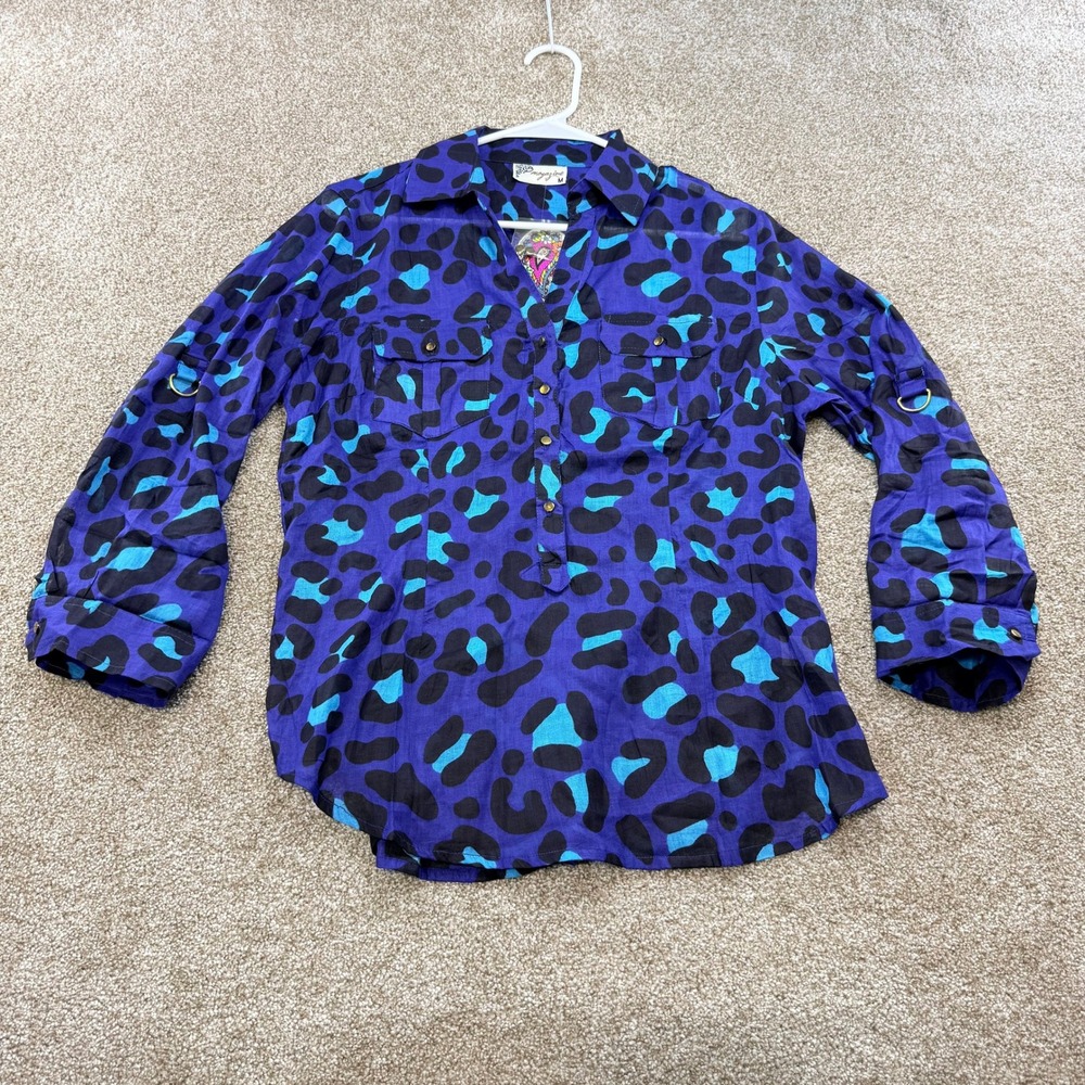 Magazine Royal Blue Leopard Print Cotton Roll Tab Sleeve Shirt Medium NEW Boho